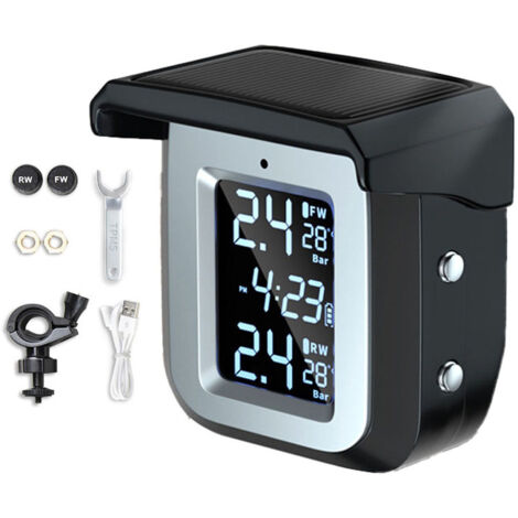 Détecteur de pression des pneus de moto solaire Système de surveillance de la pression des pneus sans fil Détecteur TPMS étanche avec 2 capteurs externes