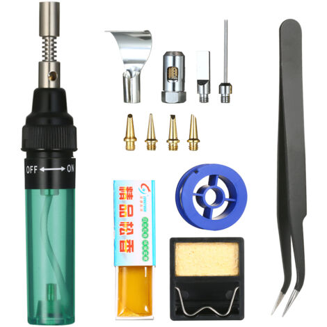 Kit de fer à souder 13 en 1 13 pièces 26 ml Kit électronique complet Outil de soudage à stylo Réparation de voiture Soudure au gaz Torche auto-allumante Extérieur / Vert Transparent (1/5)