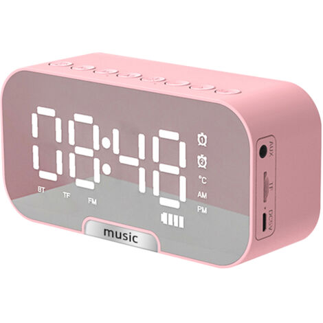 Réveil numérique miroir, haut-parleur BT, radio FM, affichage température, double alarme, lecteur musique rechargeable, support carte TF, 3 niveaux luminosité, support téléphone