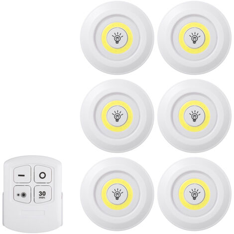 Lot de 6 lampes LED COB 4,5 V 1 W avec télécommande, luminosité réglable,sans fil, intensité variable, contrôle par capteur tactile, lampe de nuit sous l'armoire, éclairage à piles, pour armoire, mur