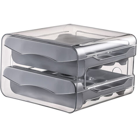 Boîte à œufs double compartiment pour cuisine, 32 compartiments, tiroir de réfrigérateur transparent, pouvant servir de support à œufs. Boîte à œufs grise double compartiment, 32 compartiments. (1/5)