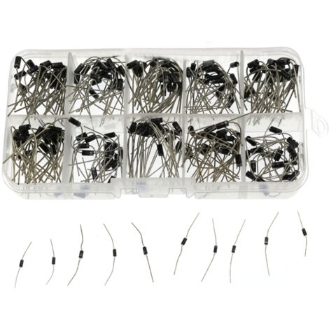 Kit de 200 diodes assorties (10 valeurs) : diodes redresseuses/Schottky 1N4001, 1N4007 et 1N5819. Coffret de rangement inclus. (1/5)