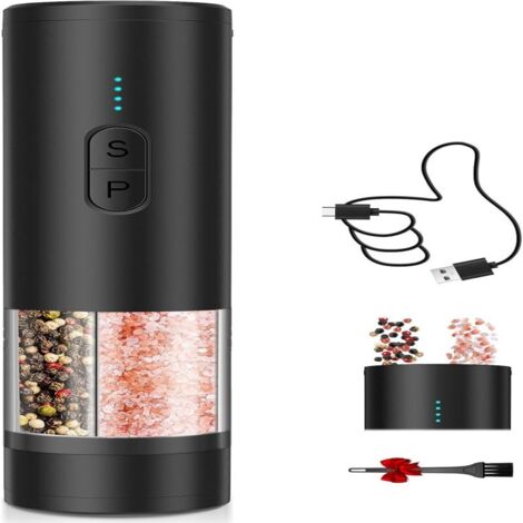 Moulin à poivre électrique 2 en 1 à double réservoir et double tête de broyage, chargement USB, broyeur automatique avec indicateur LED de puissance et épaisseur de broyage réglable, noir (1/5)