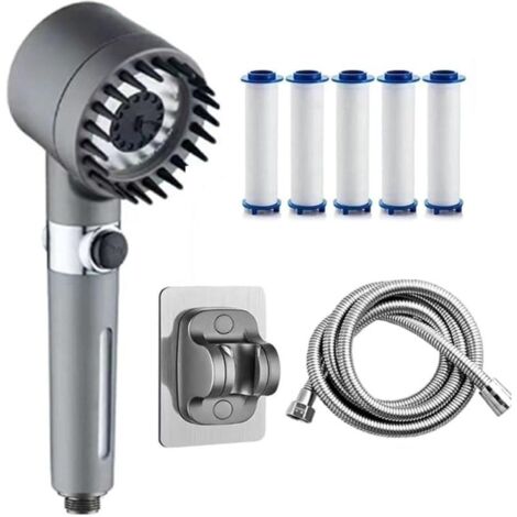 Multifunctional hand-held filter shower set silver (including 1.5 m stainless steel hose, 5 filter elements and non-porous base, four-speed mode) (1/5)