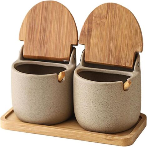 Ceramic double-compartment seasoning jar set (with wooden spoon and lid) kitchen table seasoning storage box (1/5)