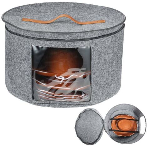 Large round hat storage box with handle zipper cover transparent window portable felt storage box Gray (1/5)