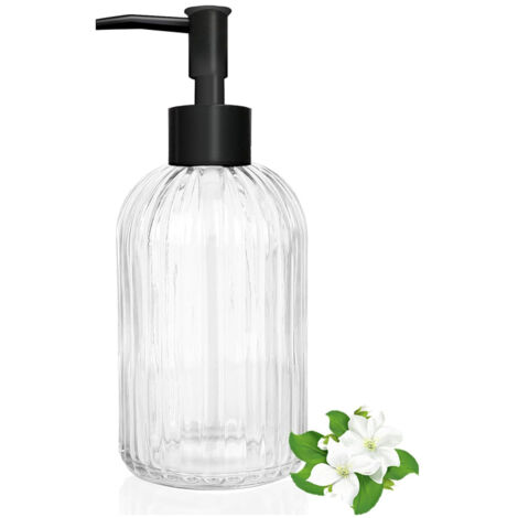 14 oz black pump head transparent striped glass soap dispenser refillable countertop hand sanitizer detergent bottle