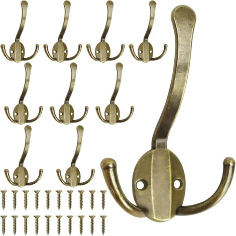10 heavy-duty trigeminal metal wall hooks (with 20 screws) (can hang towels, clothes, scarves, bags, hats, cups, Keys) Antique Bronze