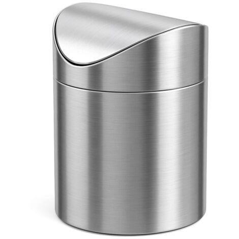 Stainless steel brushed mini trash can with lid 1.5 liters desktop office car kitchen countertop small trash can (Silver) (1/5)