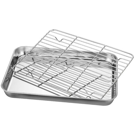 Plaque de cuisson carrée en acier inoxydable à fond plat avec grille et bac de récupération des graisses (31 x 24 x 2,5 cm) (1/5)