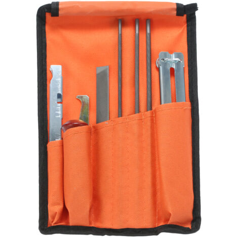 Kit d'affûtage de chaîne de tronçonneuse comprenant : limes de 5/32, 3/16 et 7/32 pouces, manche en bois, jauge de profondeur et pochette à outils pour l'affûtage et le limage de toutes les lames de t (1/5)