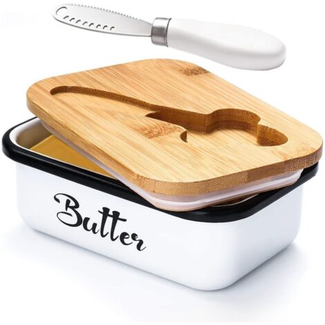 Beurrier métal blanc avec couvercle – Couteau multifonction inox inclus, revêtement silicone, cadeau cuisine (1/5)