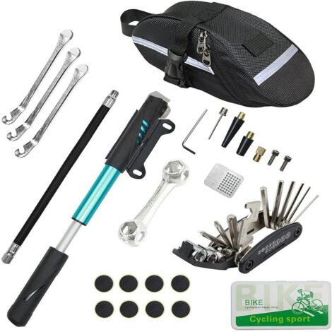 Kit de réparation de chambre à air de vélo, comprenant : rustine, pompe, film de réparation, colle et outils. (1/5)