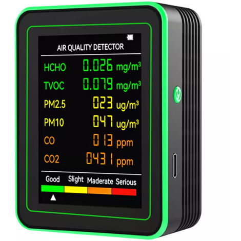 Moniteur de qualité de l'air 6 en 1 : détecteur de CO2, PM2.5, PM10, HCHO, TVOC, CO, formaldéhyde, écran LCD, détecteur de gaz, capteur de CO2, analyseur