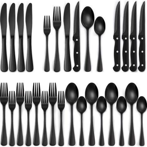 Ensemble de 24 couteaux à steak noirs pour 4 personnes, en acier inoxydable de qualité alimentaire, finition miroir, noir. (1/5)