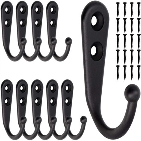 Lot de 10 petits crochets noirs à fixer au mur avec 20 vis pour suspendre sacs, peignoirs, serviettes et clés. Gain de place garanti