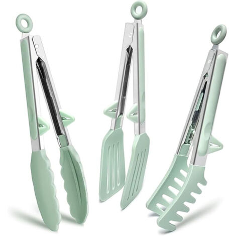 Pinces de cuisine en acier inoxydable, 23 cm, avec embouts en silicone, pour barbecue, pâtes, salades et buffets, vert clair