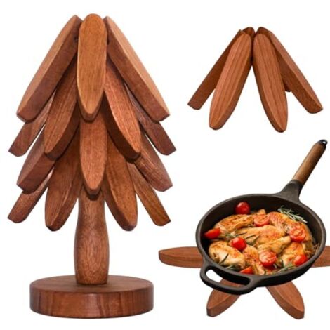 Maniques en bois en forme d'arbre (lot de 4) - Maniques décoratives multifonctionnelles pour plats chauds, casseroles, poêles, théières (4 maniques et 1 support) (1/5)