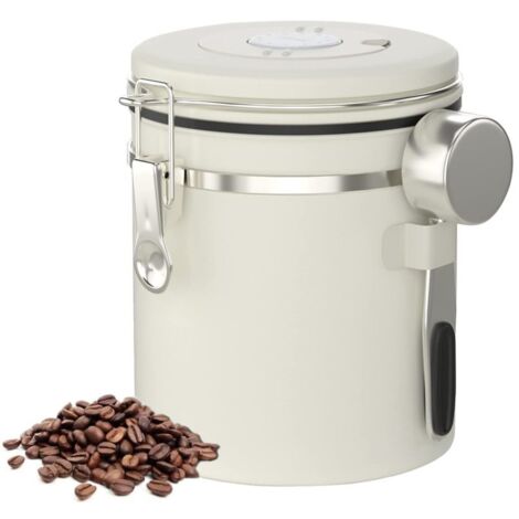 Bocal hermétique pour grains de café - Acier inoxydable 304 avec valve d'évacuation, bocal de conservation hermétique, bocal pour fruits secs, boîte à café, avec cuillère en acier, 1,5 L, beige (1/5)