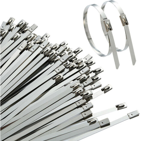 Attaches de câble métalliques, lot de 100, 25 cm (9,8 pouces), en acier inoxydable robuste, autobloquantes et polyvalentes, pour usage intérieur et extérieur. (1/5)