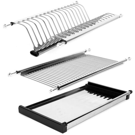 Égouttoir à vaisselle pliable moderne à 2 niveaux en acier inoxydable, pour assiettes et bols, largeur 50,5-53 cm (19,9-20,9 pouces). Convient aux placards de 50,5 à 53 cm (19,9-20,9 pouces). (1/5)