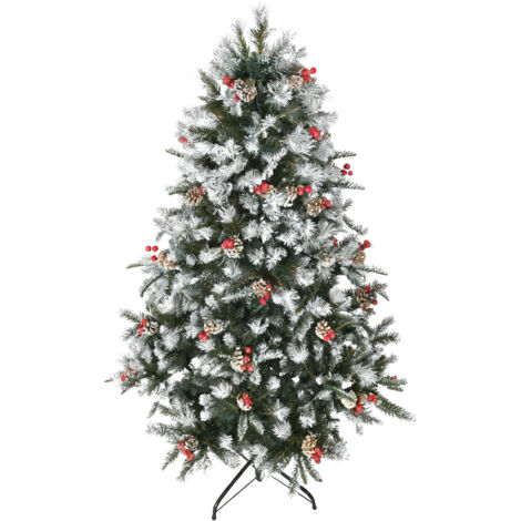 Sapin de Noël artificiel enneigé de 1,80 m, sapin crayon, décoration de Noël pour la maison et les fêtes, avec pieds pliables, baies rouges, pommes de pin blanches et vertes.