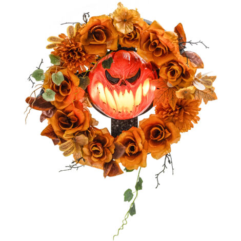 Couronne d'Halloween, motif citrouille effrayant, feuilles d'automne, effets lumineux, plastique (1/5)