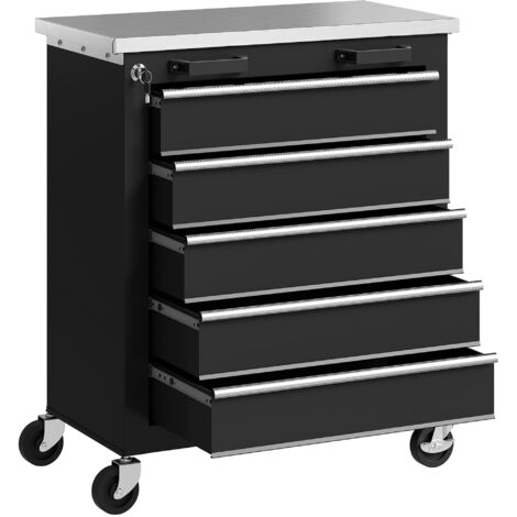 Armoire à outils à 5 tiroirs, servante d'atelier à roulettes, chariot à outils en acier, gris argenté et noir