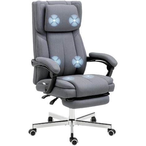 Fauteuil de bureau avec fonction massage, dossier réglable, repose-pieds extensible, aspect lin, gris, 65 x 61 x 118 cm
