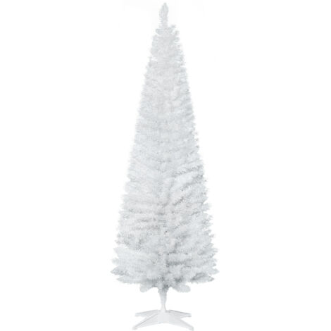 Sapin de Noël artificiel blanc de 1,80 m (6 pieds) sans lumières, forme élancée, avec support solide et branches réalistes.