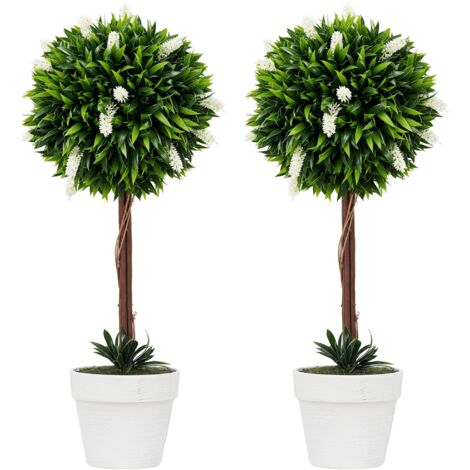Ensemble de 2 plantes artificielles décoratives en forme de boule avec fleurs, pour la décoration intérieure et extérieure, 60 cm, blanc