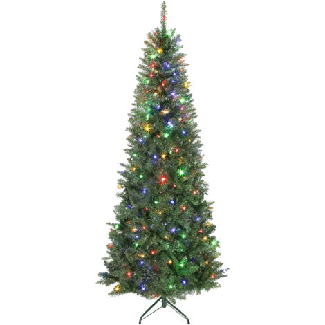 Sapin de Noël artificiel de 210 cm avec lumières blanches et colorées intégrées (9 modes) et 1273 branches ininflammables, sapin de Noël réaliste et dense en épicéa avec base métallique pliable pour l (1/5)