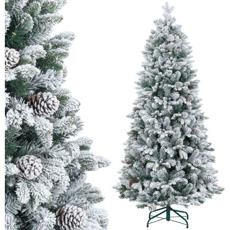 Sapin de Noël artificiel de 180 cm. Sapin de Noël avec support en métal, 1489 branches enneigées, pommes de pin, vert