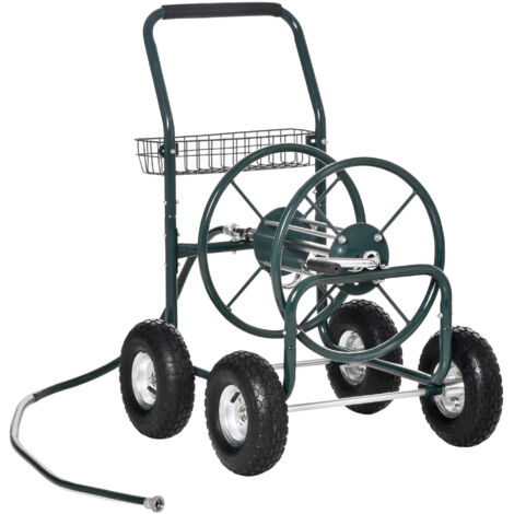 Enrouleur de tuyau d'arrosage sur roue de 70 m - Enrouleur en métal - Enrouleur pour chariot - Enrouleur de tuyau d'arrosage de jardin - Poignée antidérapante, panier de rangement - Métal vert