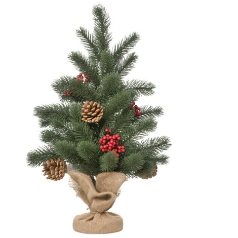 Mini sapin de Noël décoratif, comprenant des ornements, des baies rouges, 50 cm de haut, avec socle en ciment, vert et multicolore