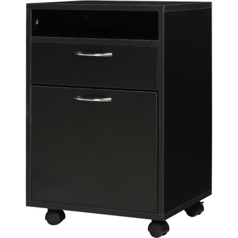 Classeur de 60 cm avec tiroir, étagère ouverte, poignées métalliques et 4 roulettes, idéal pour le bureau et la maison, compatible avec imprimante portable, noir. (1/5)