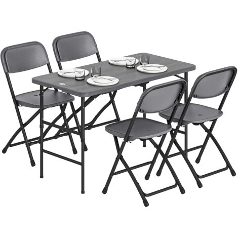 Table réglable et 4 chaises de jardin pliantes en PEHD imitation bois, gris foncé (1/5)