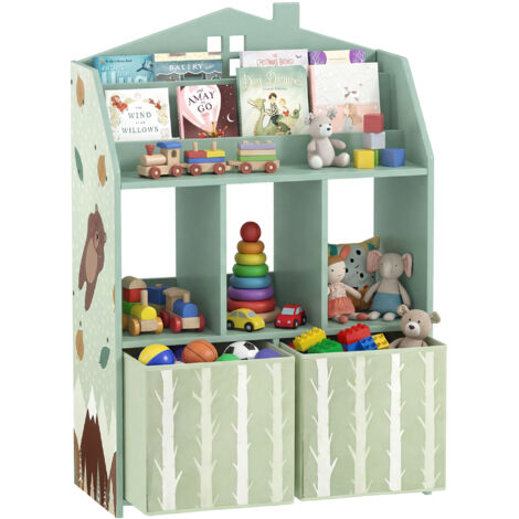 Bibliothèque pour enfants, étagère ouverte avec 2 tiroirs en tissu pour enfants de 3 à 8 ans, 62,5 x 30 x 91,5 cm, verte.