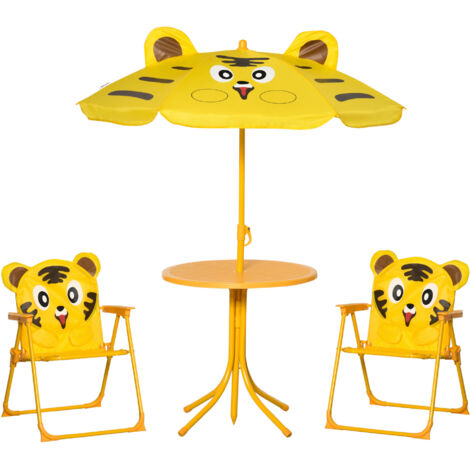 Ensemble de jardin pour enfants 4 pièces motif tigre : table ronde, 2 chaises pliantes et parasol. Finition métal époxy Oxford jaune. (1/5)