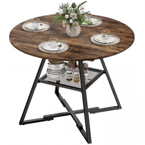 Table de salle à manger ronde 4 places, 100 cm de diamètre, style industriel, avec plateau décoratif, couleur marron rustique. (1/5)