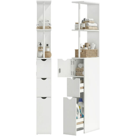 Meuble de salle de bain étroit avec tiroirs, meuble de salle de bain haut avec étagère à 2 niveaux, blanc (1/5)