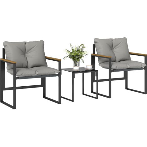 Ensemble de jardin 3 pièces : table et chaises en métal avec coussins épais et multicolores. (1/5)