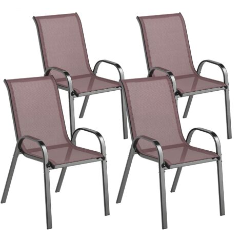 Ensemble de 4 chaises de jardin empilables avec accoudoirs incurvés, en acier et tissu respirant, 54x71x93 cm, marron. (1/5)