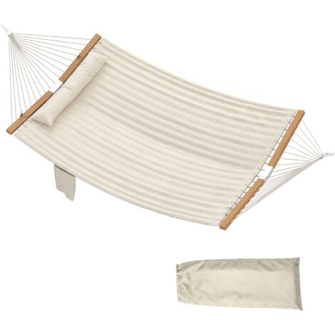 Hamac d'extérieur 200x140 cm, double couche avec appui-tête, poche pour magazine, barres en bois, capacité de charge jusqu'à 200 kg.
