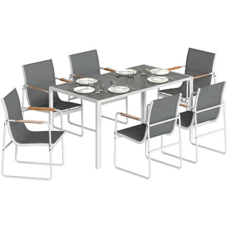 Ensemble table et chaises de jardin blanc et gris avec table en verre trempé et 6 chaises respirantes pour terrasse ou patio. (1/5)