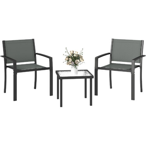Ensemble de patio extérieur 3 pièces avec table et chaises, comprenant 2 chaises en textilène et une table en verre trempé gris clair. (1/5)
