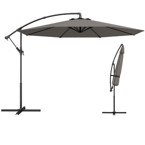 Parasol excentrique de Ø300 cm avec base en croix, toile réglable et manivelle, UPF30+ pour terrasse/patio gris.