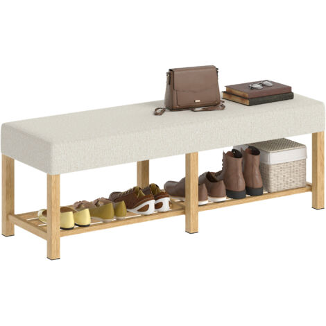 Banc à chaussures en bois massif de 140 cm, banc d'entrée moderne avec assise rembourrée pour deux personnes, bois naturel et blanc crème. (1/5)