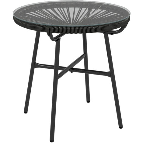Table d'appoint de jardin de style bohème, rotin PE, verre trempé, résistante aux intempéries, 50 cm x 50 cm x 50 cm, noire. (1/5)
