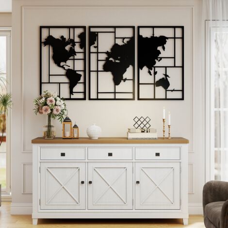 Décoration murale en métal, lot de 3 pièces, carte du monde, art mural pour salon, chambre, couloir, 50 x 80 cm, noir (1/5)
